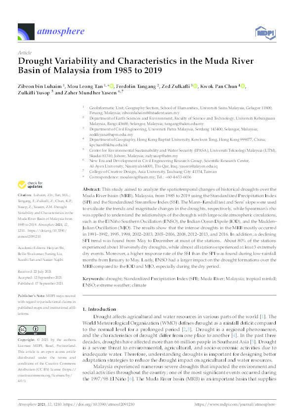 Drought variability and characteristics in the Muda river basin of Malaysia from 1985 to 2019 Thumbnail