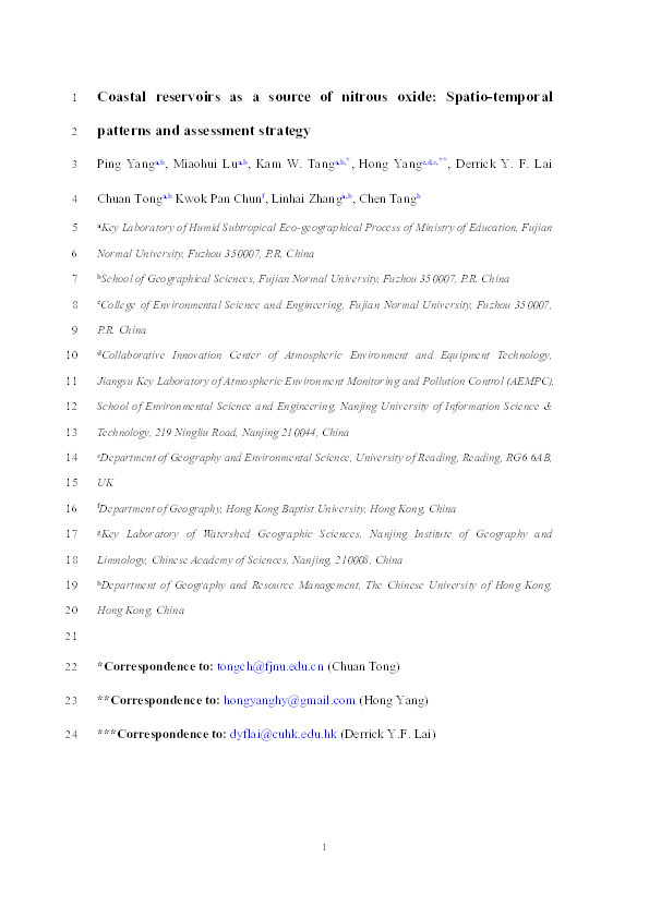 Coastal reservoirs as a source of nitrous oxide: Spatio-temporal patterns and assessment strategy Thumbnail
