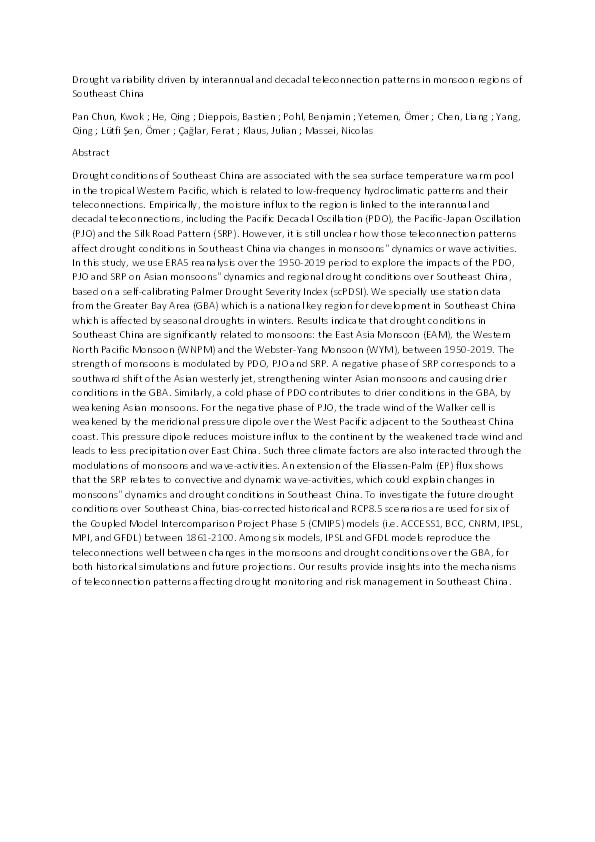 Drought variability driven by interannual and decadal teleconnection patterns in monsoon regions of Southeast China Thumbnail