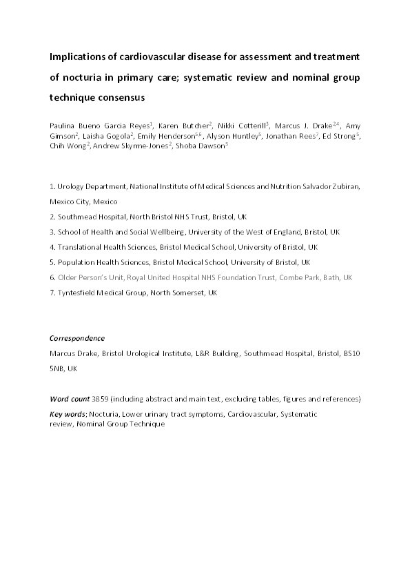 Implications of cardiovascular disease for assessment and treatment of nocturia in primary care; systematic review and nominal group technique consensus Thumbnail