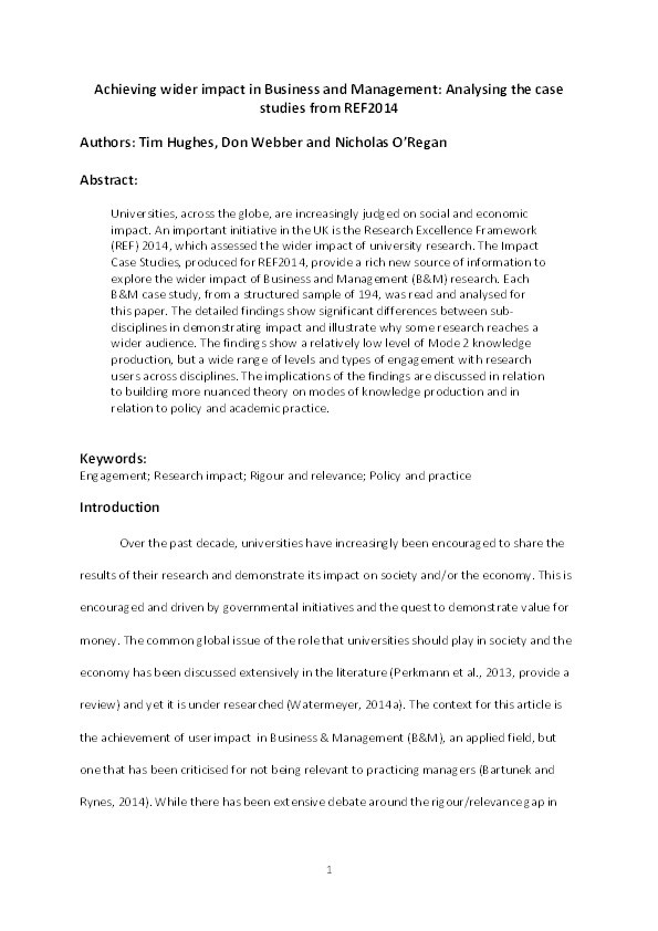 Achieving wider impact in business and management: analysing the case studies from REF 2014 Thumbnail