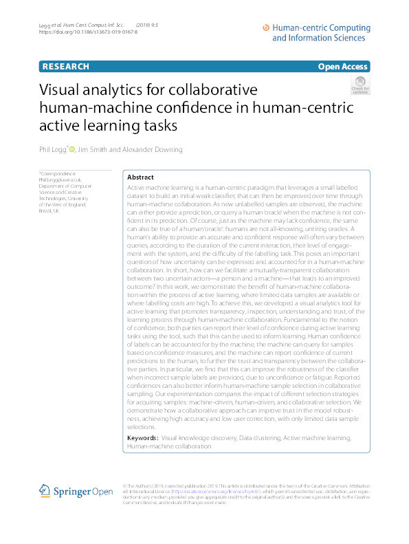 Visual analytics for collaborative human-machine confidence in human-centric active learning tasks Thumbnail