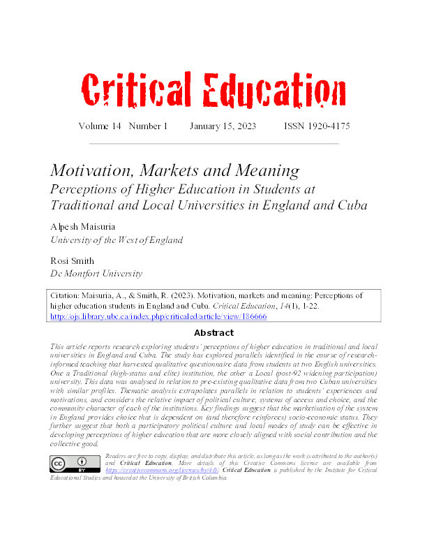 Motivation, markets and meaning: Perceptions of higher education in students at élite and local universities in England and Cuba Thumbnail