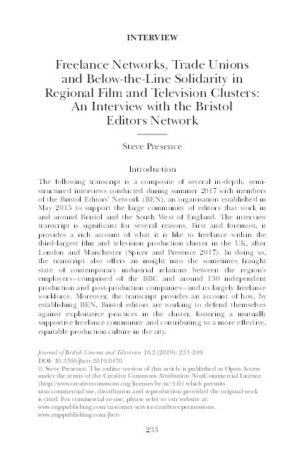 Freelance networks, trade unions and below-the-line solidarity in regional film and television clusters: An interview with the Bristol editors network Thumbnail