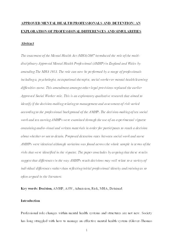 Approved mental health professionals and detention: An exploration of professional differences and simularities Thumbnail