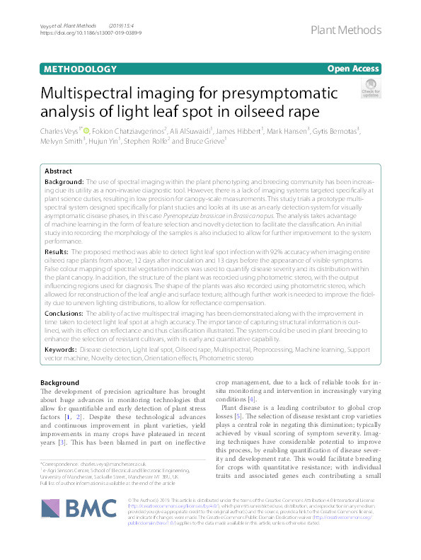 Multispectral imaging for presymptomatic analysis of light leaf spot in oilseed rape Thumbnail