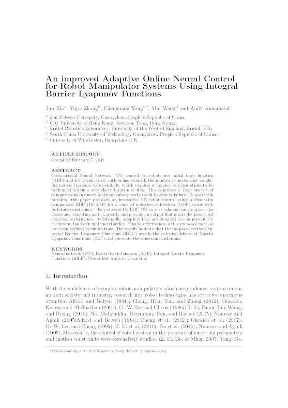 An improved adaptive online neural control for robot manipulator systems using integral Barrier Lyapunov functions Thumbnail