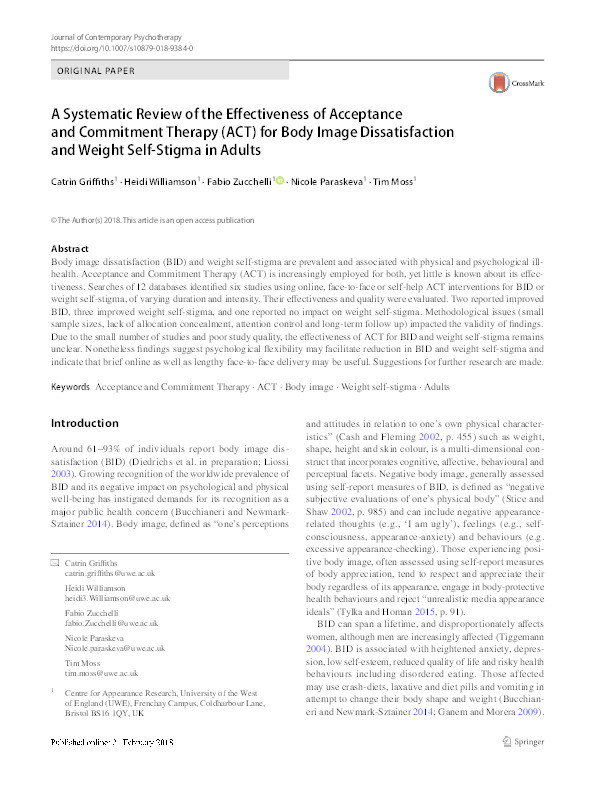 A Systematic Review of the Effectiveness of Acceptance and Commitment Therapy (ACT) for Body Image Dissatisfaction and Weight Self-Stigma in Adults Thumbnail