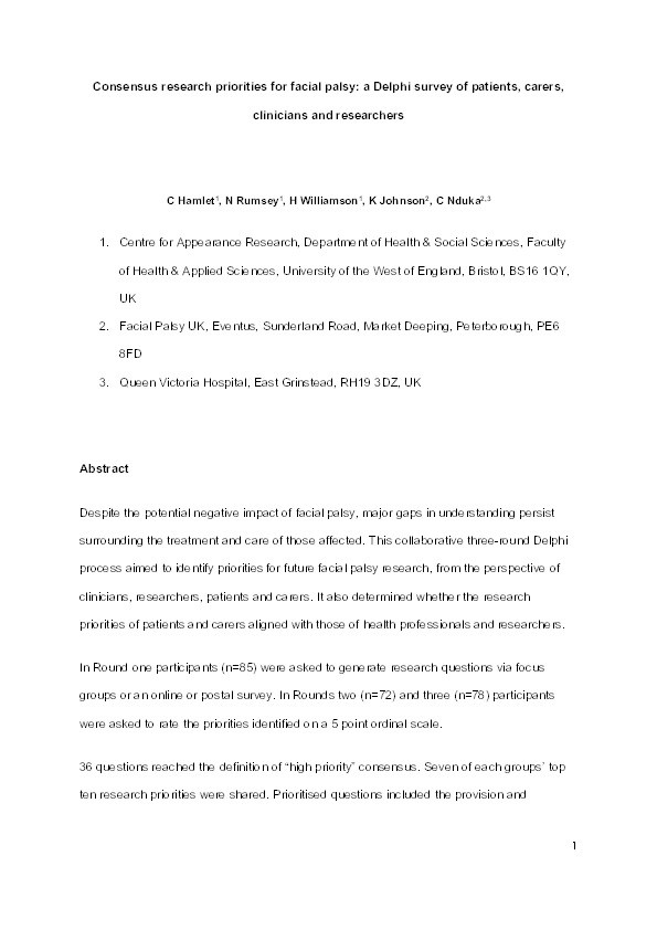 Commentary – consensus research priorities for facial palsy: A delphi survey of patients, carers, clinicians and researchers Thumbnail