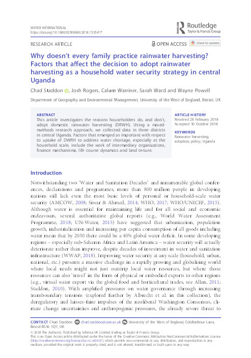 Why doesn’t every family practice rainwater harvesting? Factors that affect the decision to adopt rainwater harvesting as a household water security strategy in central Uganda Thumbnail