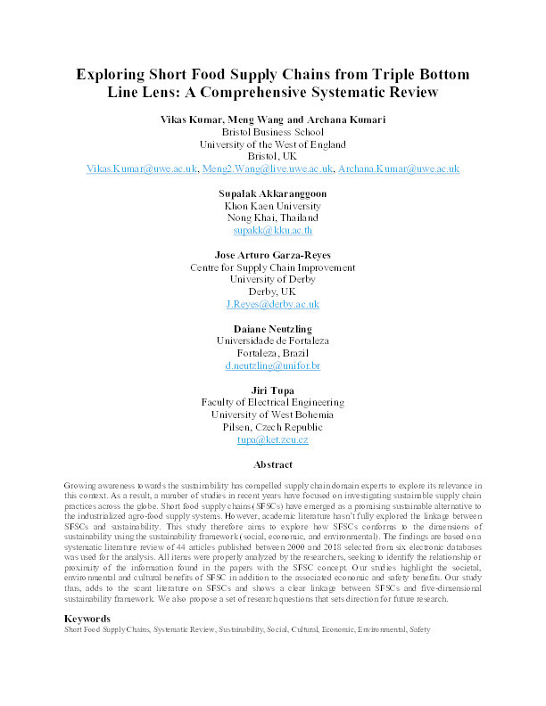 Exploring short food supply chains from triple bottom line lens: A comprehensive systematic review Thumbnail