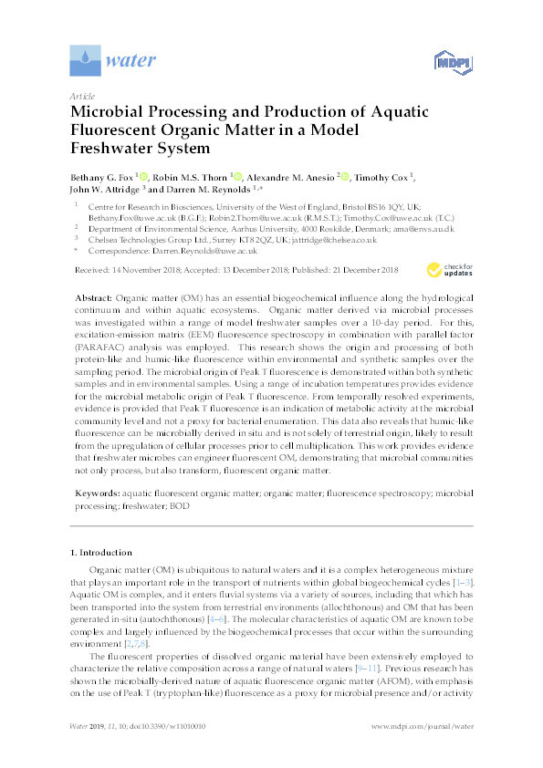 Microbial processing and production of aquatic fluorescent organic matter in a model freshwater system Thumbnail