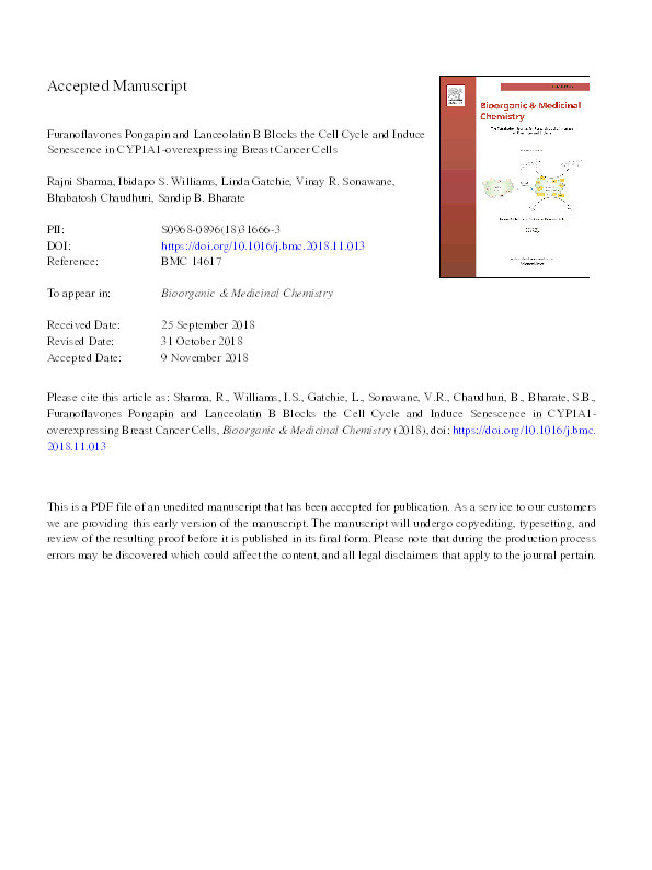 Furanoflavones pongapin and lanceolatin B blocks the cell cycle and induce senescence in CYP1A1-overexpressing breast cancer cells Thumbnail