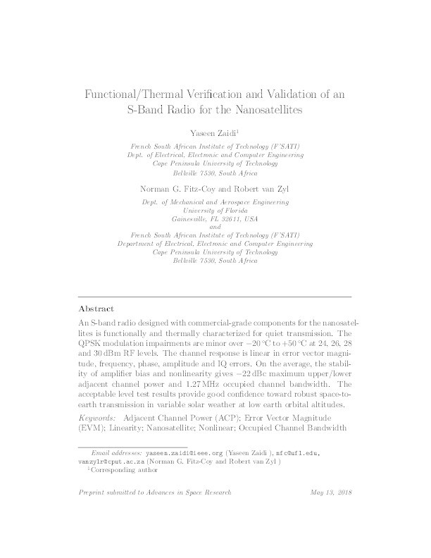Functional/thermal verification and validation of an S-band radio for the nanosatellites Thumbnail