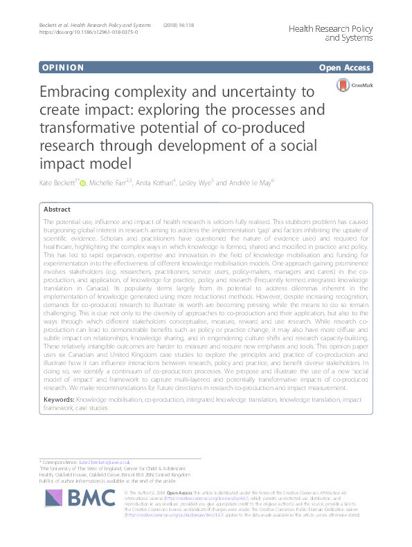 Embracing complexity and uncertainty to create impact: Exploring the processes and transformative potential of co-produced research through development of a social impact model Thumbnail