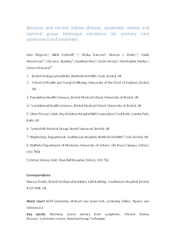 Nocturia and chronic kidney disease: Systematic review and nominal group technique consensus for primary care assessment and treatment Thumbnail