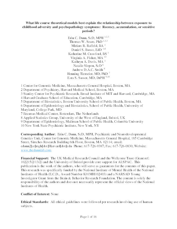 What life course theoretical models best explain the relationship between exposure to childhood adversity and psychopathology symptoms: Recency, accumulation, or sensitive periods? Thumbnail