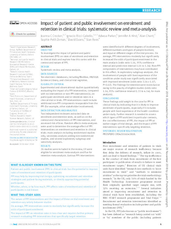 Impact of patient and public involvement on enrolment and retention in clinical trials: Systematic review and meta-analysis Thumbnail