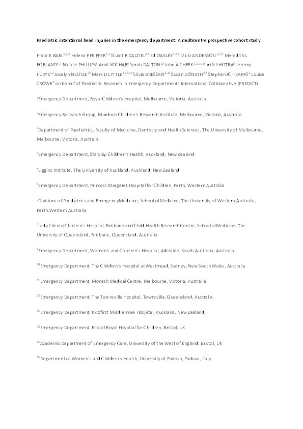 Paediatric intentional head injuries in the emergency department: A multicentre prospective cohort study Thumbnail