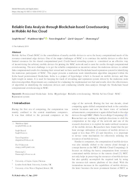 Reliable data analysis through blockchain based crowdsourcing in mobile ad-hoc cloud Thumbnail