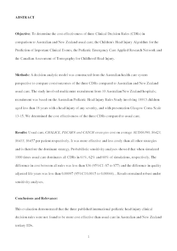 A cost-effectiveness analysis comparing clinical decision rules PECARN, CATCH, and CHALICE with usual care for the management of pediatric head injury Thumbnail