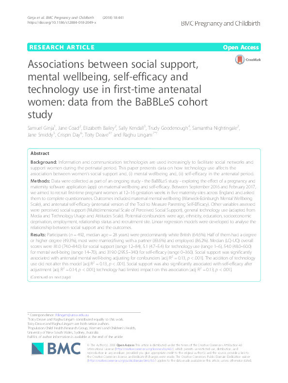 Associations between social support, mental wellbeing, self-efficacy and technology use in first-time antenatal women: data from the BaBBLeS cohort study Thumbnail