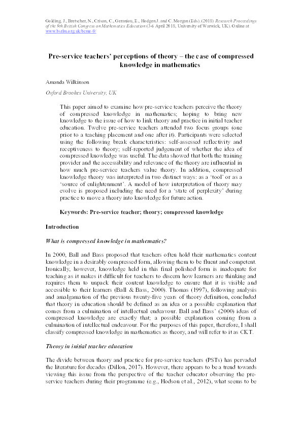 Pre-service teachers’ perceptions of theory – the case of compressed knowledge in mathematics Thumbnail