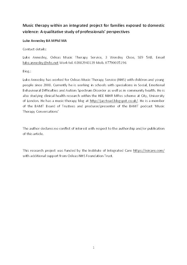 Music therapy within an integrated project for families exposed to domestic violence: A qualitative study of professionals’ perspectives Thumbnail