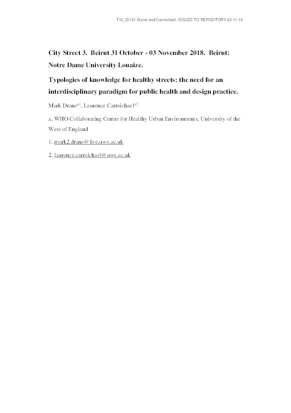 Typologies of knowledge for healthy streets: The need for an interdisciplinary paradigm for public health and design practice Thumbnail