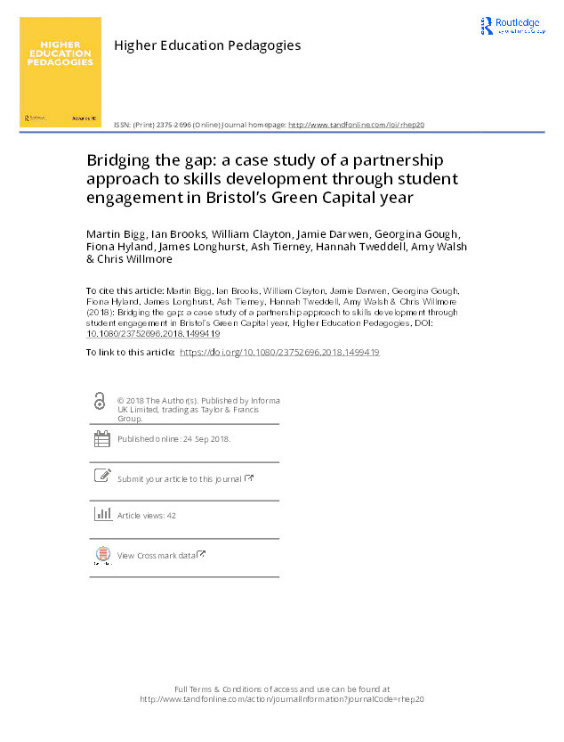Bridging the gap: A case study of a partnership approach to skills development through student engagement in bristol’s green capital year Thumbnail