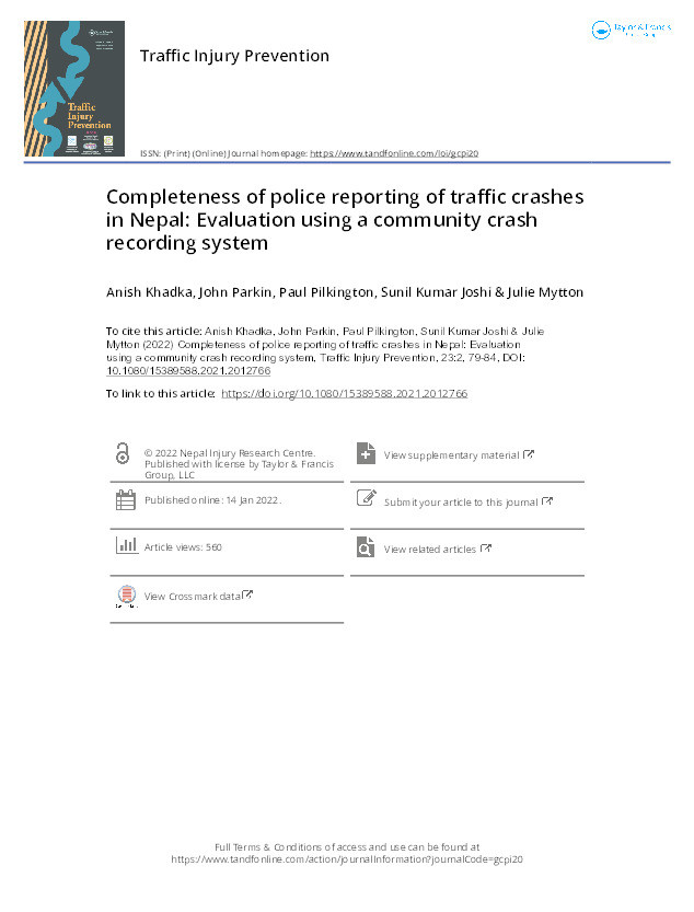 Completeness of police reporting of traffic crashes in Nepal: Evaluation using a community crash recording system Thumbnail