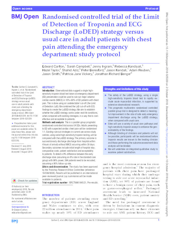 Randomised controlled trial of the Limit of Detection of Troponin and ECG Discharge (LoDED) strategy versus usual care in adult patients with chest pain attending the emergency department: Study protocol Thumbnail