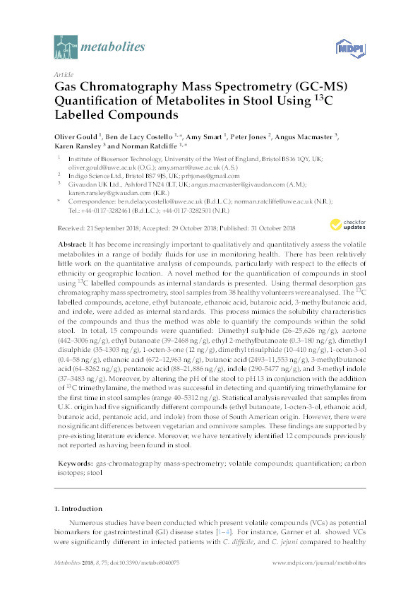 Gas chromatography mass spectrometry (GC-MS) quantification of metabolites in stool using13 C labelled compounds Thumbnail