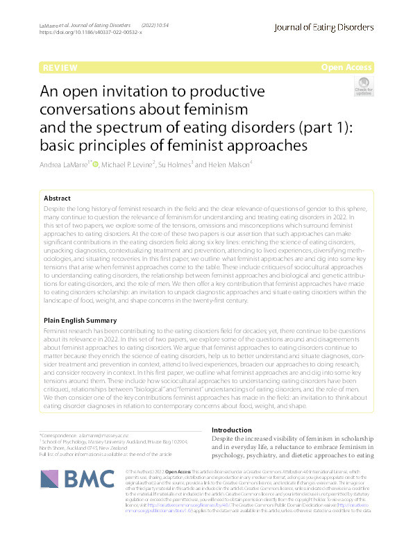 An open invitation to productive conversations about feminism and the spectrum of eating disorders (part 1):  Basic principles of feminist approaches Thumbnail