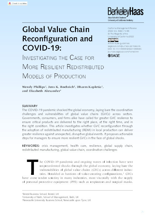 Global value chain reconfiguration and COVID-19: Investigating the case for more resilient redistributed models of production Thumbnail