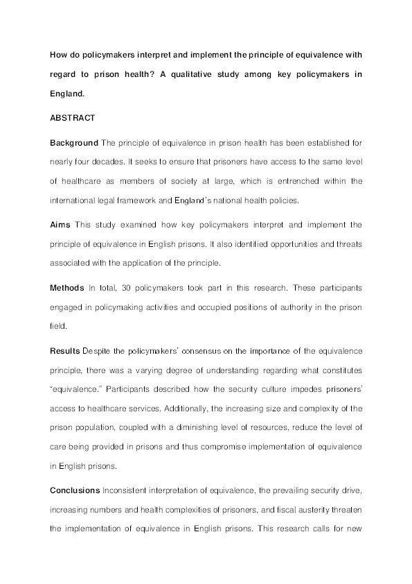 How do policymakers interpret and implement the principle of equivalence with regard to prison health? A qualitative study among key policymakers in England Thumbnail