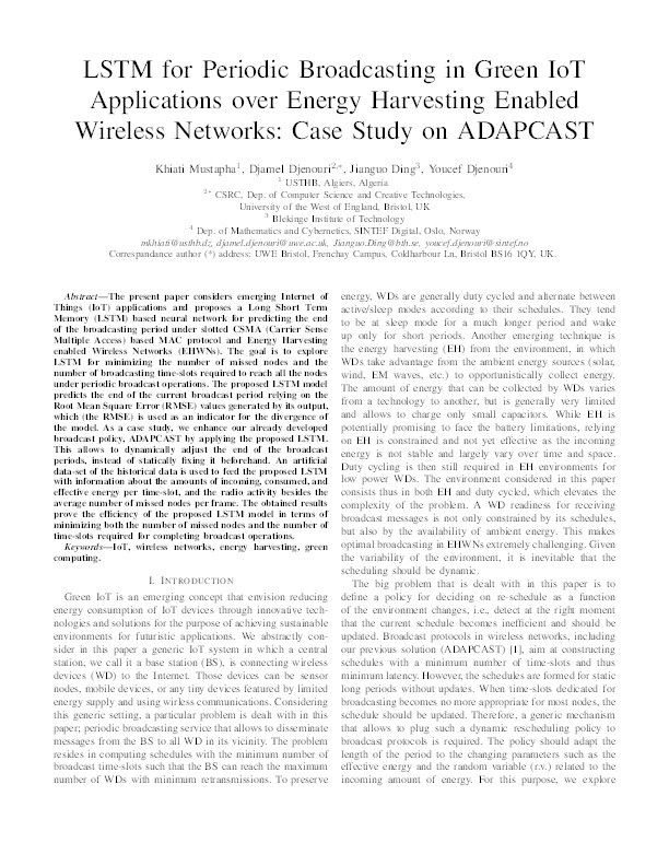 LSTM for periodic broadcasting in green IoT applications over energy harvesting enabled wireless networks: Case study on ADAPCAST Thumbnail