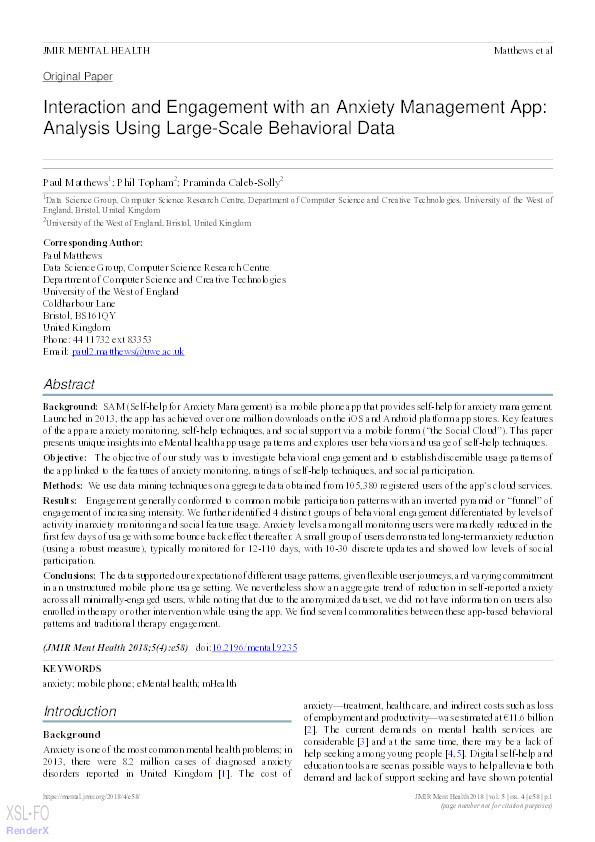 Interaction and engagement with an anxiety management app: Analysis using large-Scale behavioral data Thumbnail