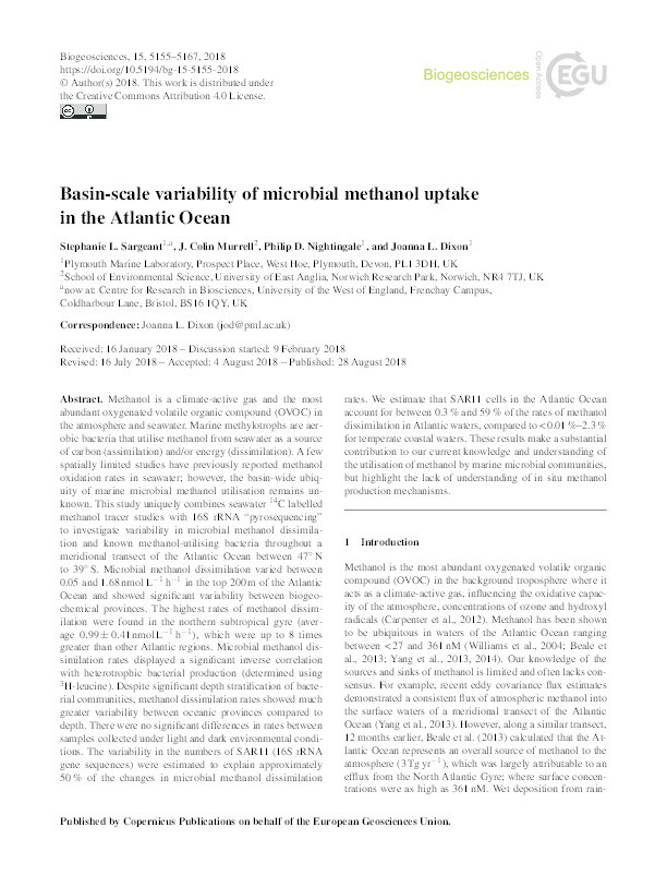 Basin-scale variability of microbial methanol uptake in the Atlantic Ocean Thumbnail