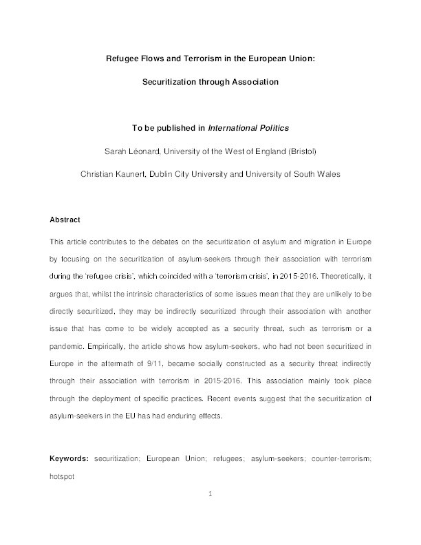 Refugee flows and terrorism in the European Union: Securitization through association Thumbnail