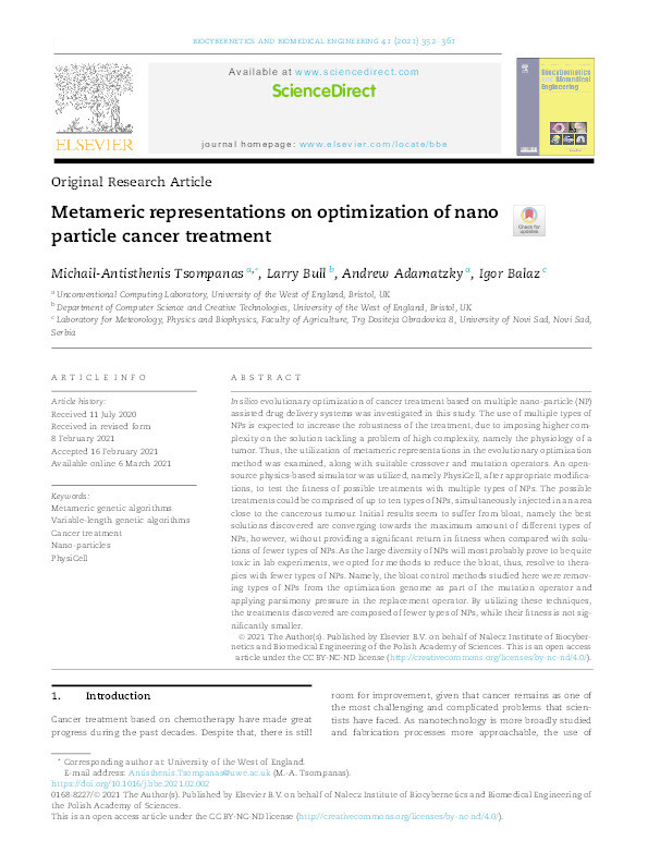 Metameric representations on optimization of nano particle cancer treatment Thumbnail