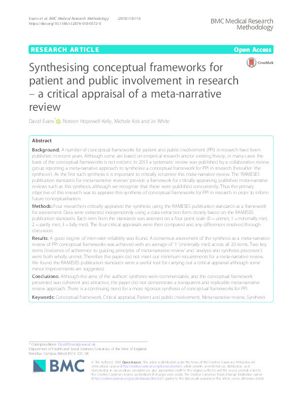 Synthesising conceptual frameworks for patient and public involvement in research - A critical appraisal of a meta-narrative review Thumbnail