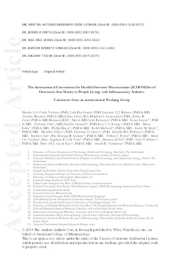 International Consortium for Health Outcome Measurement Set of Outcomes That Matter to People Living With Inflammatory Arthritis: Consensus From an International Working Group Thumbnail