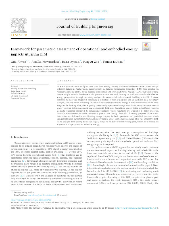 Framework for parametric assessment of operational and embodied energy impacts utilising BIM Thumbnail