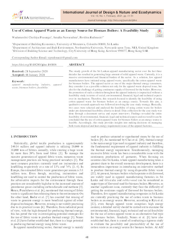 Use of cotton apparel waste as an energy source for biomass boilers: A feasibility study Thumbnail