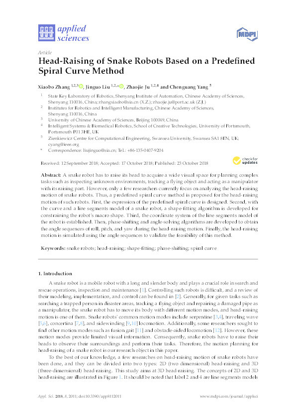 Head-raising of snake robots based on a predefined spiral curve method Thumbnail