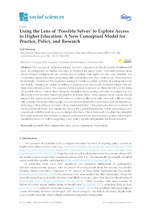 Using the lens of 'possible selves' to explore access to higher education: A new conceptual model for practice, policy, and research Thumbnail