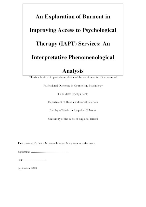 An exploration of burnout in Improving Access to Psychological Therapy (IAPT) services: An interpretative phenomenological analysis Thumbnail