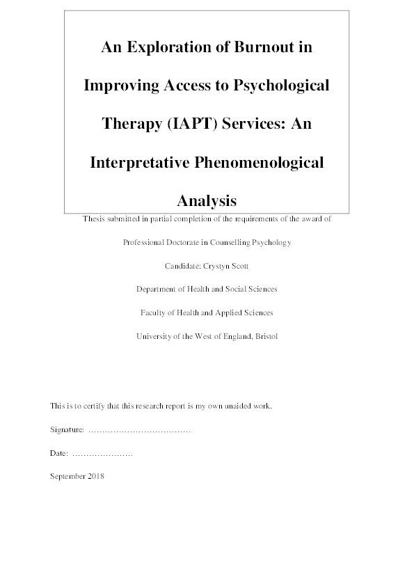 An exploration of burnout in Improving Access to Psychological Therapy (IAPT) services: An interpretative phenomenological analysis Thumbnail