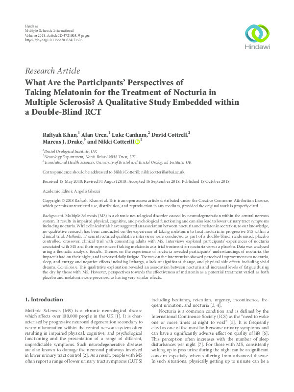 What are the participants’ perspectives of taking melatonin for the treatment of nocturia in Multiple Sclerosis? -a qualitative study embedded within a double blind RCT Thumbnail